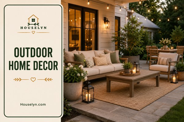Stylish outdoor patio with comfortable seating, lanterns, potted plants, outdoor rug, and timeless outdoor home decor. outdoor-home-decor.jpg