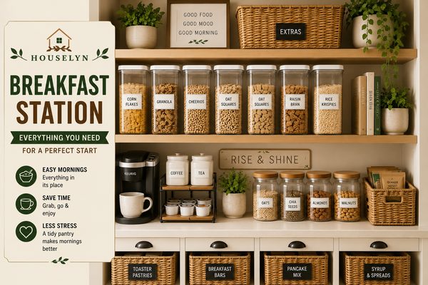 Organized pantry breakfast station with cereal containers, coffee supplies, and neatly arranged breakfast foods. pantry-breakfast-station.jpg