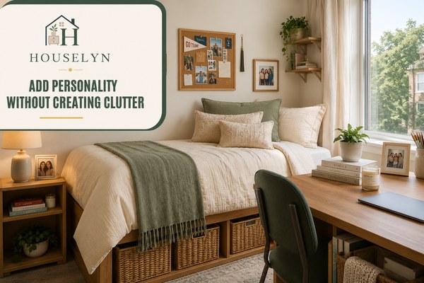 Beautiful personalised dorm room with framed photos, soft lighting, plants and organised décor
