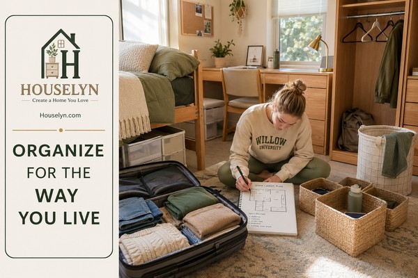 Student planning dorm room organization with folded clothes, an open suitcase, storage baskets and a simple room layout plan.