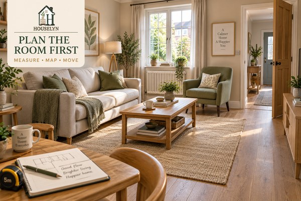 Living room planning scene with realistic furniture placement, clear circulation, windows and measured wall space