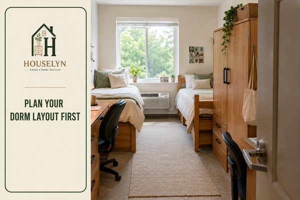 Small dorm room layout with a clear central walkway, accessible desk, wardrobe, bed and practical student furniture placement.
