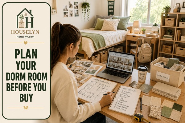 Student planning a dorm room layout with storage, furniture, bedding, décor ideas and a college move-in checklist.