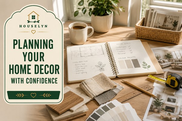 Decorating planning workspace with room sketches, colour palette, notebook, measuring tape, fabric samples, and home decor inspiration. planning-your-home-decor.jpg