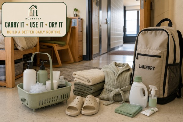 Portable dorm bathroom and laundry kit with a draining shower caddy, folded towels, shower shoes and a structured laundry bag.