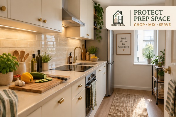 Small apartment kitchen with one clear continuous worktop used as a realistic food preparation zone