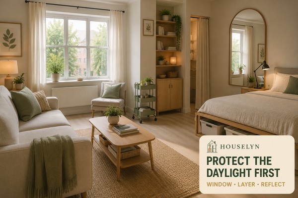 Bright small apartment with an unobstructed window, reflective pale surfaces and layered task and ambient lighting.