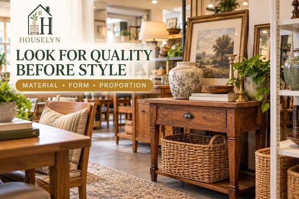 Thrift store display featuring solid wood furniture, ceramic decor, woven baskets and substantial frames chosen for material quality and proportion