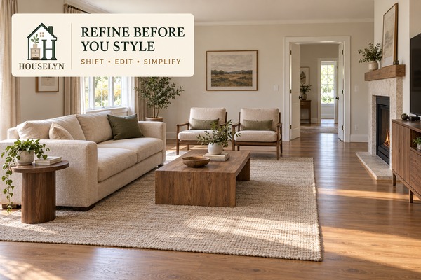 Refined living room layout with balanced sofa, chairs, clear walkways and uncluttered floor space