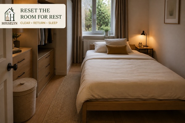 Calm small apartment bedroom after a daily reset with clear floor, tidy bedding and contained clothing