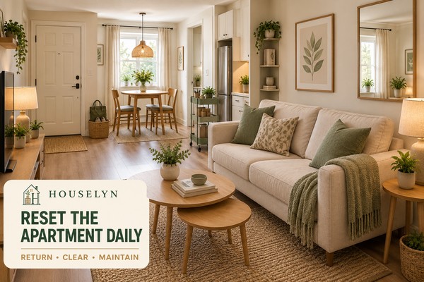 Organized small apartment after a realistic daily reset with clear surfaces, contained laundry and furniture returned to position.