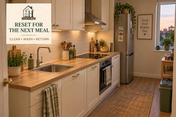 Small apartment kitchen after an everyday reset with clear counters, clean sink and organized cooking zone