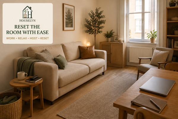 Tidy small apartment living room reset after work with clear surfaces, stored textiles and open circulation