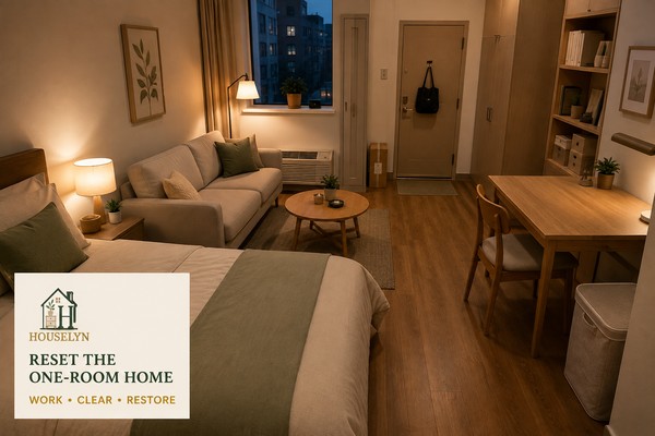 Modern studio apartment after an evening reset with a clear desk, contained laundry, restored seating and uncluttered walking routes.