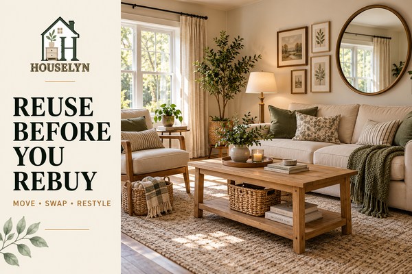 Warm neutral living room restyled using existing furniture, lamps, mirrors, baskets and decorative accessories