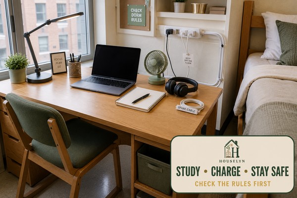 Clear college dorm study desk with an adjustable lamp, closed laptop, protected charging point and safely routed cables.