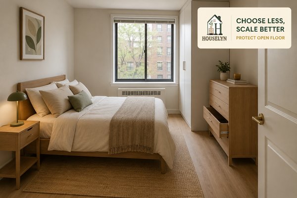 Small apartment bedroom with properly scaled bedside table, narrow dresser and clear floor space