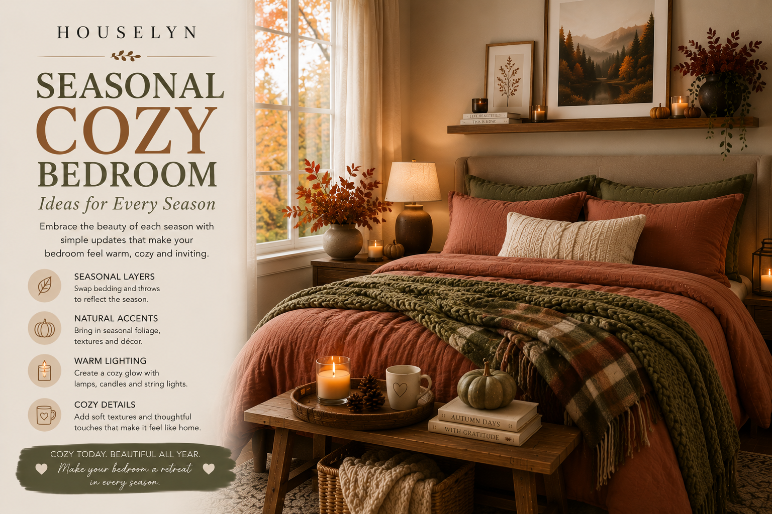 Seasonal cozy bedroom styling with warm blankets and layered textures