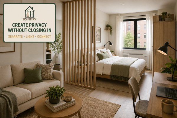 Modern studio sleeping area separated from the living zone by a light open divider that allows daylight through.