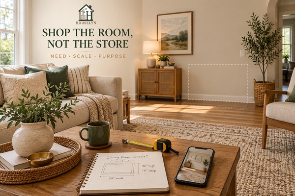 Warm neutral room with measurements, phone reference and planning notes prepared before shopping for thrifted home decor