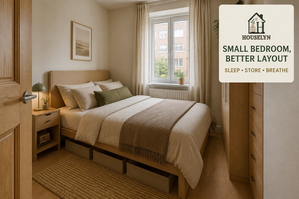 Small apartment bedroom with properly scaled bed, slim bedside furniture, practical storage and clear walking space