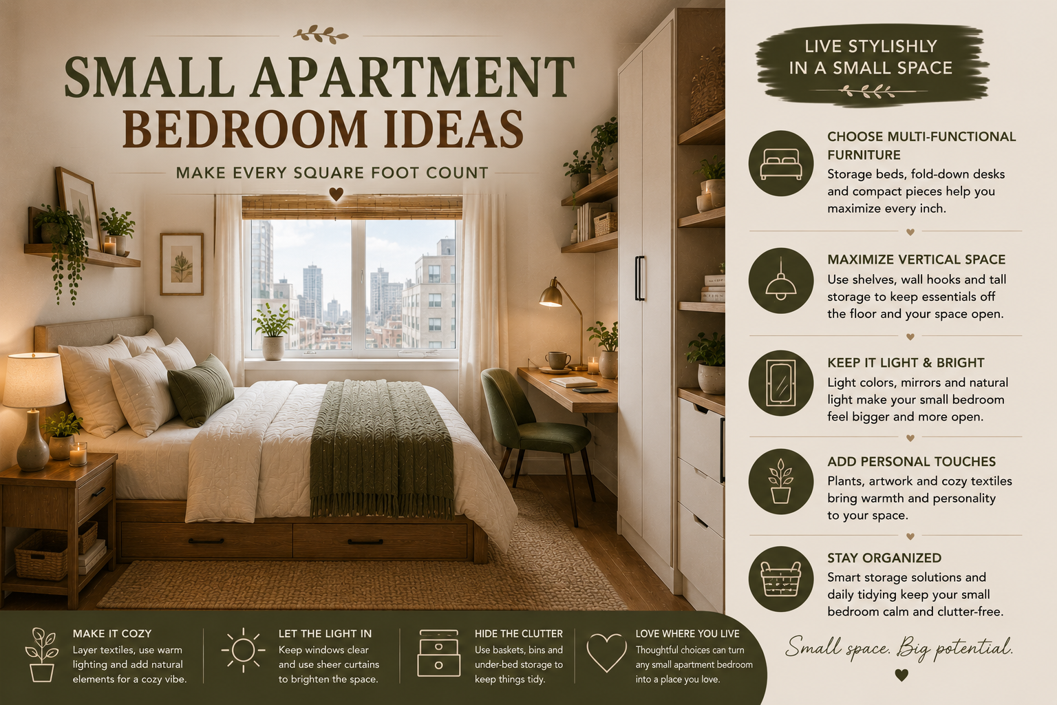 Small apartment bedroom with renter friendly decor, neutral bedding and smart storage