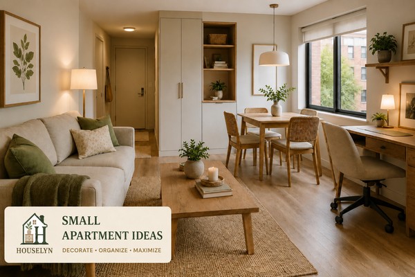 Stylish small apartment with connected living, dining, storage and work zones in a warm neutral palette.