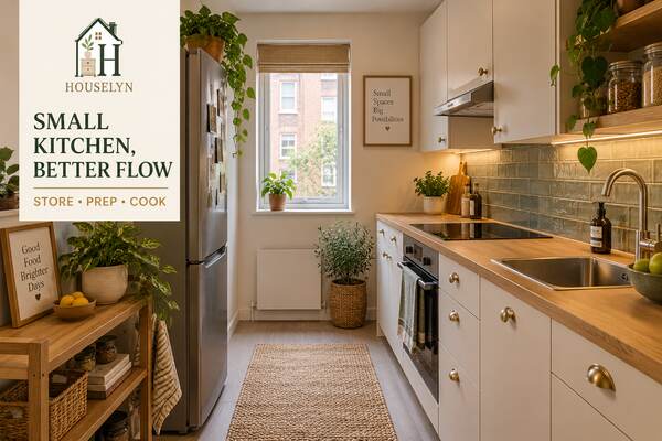 Small apartment kitchen with clear preparation space, organized storage and realistic compact layout