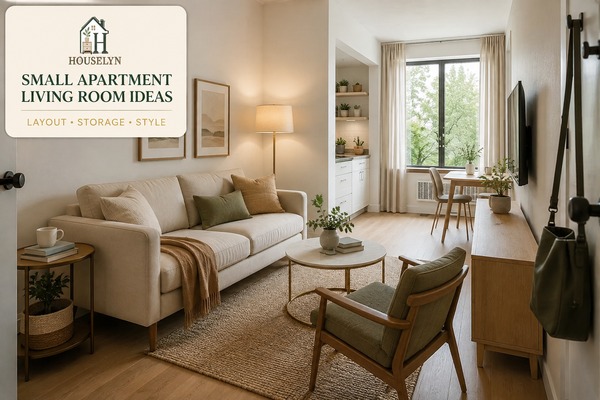 Small apartment living room with compact seating, practical storage, warm neutral decor and a clear walking route