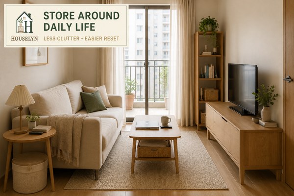 Small apartment living room with closed media storage, baskets, slim shelving and clear floor space