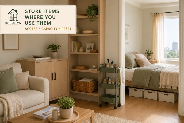 Small apartment using closed cabinets, vertical shelving, under-bed storage and a slim rolling cart.