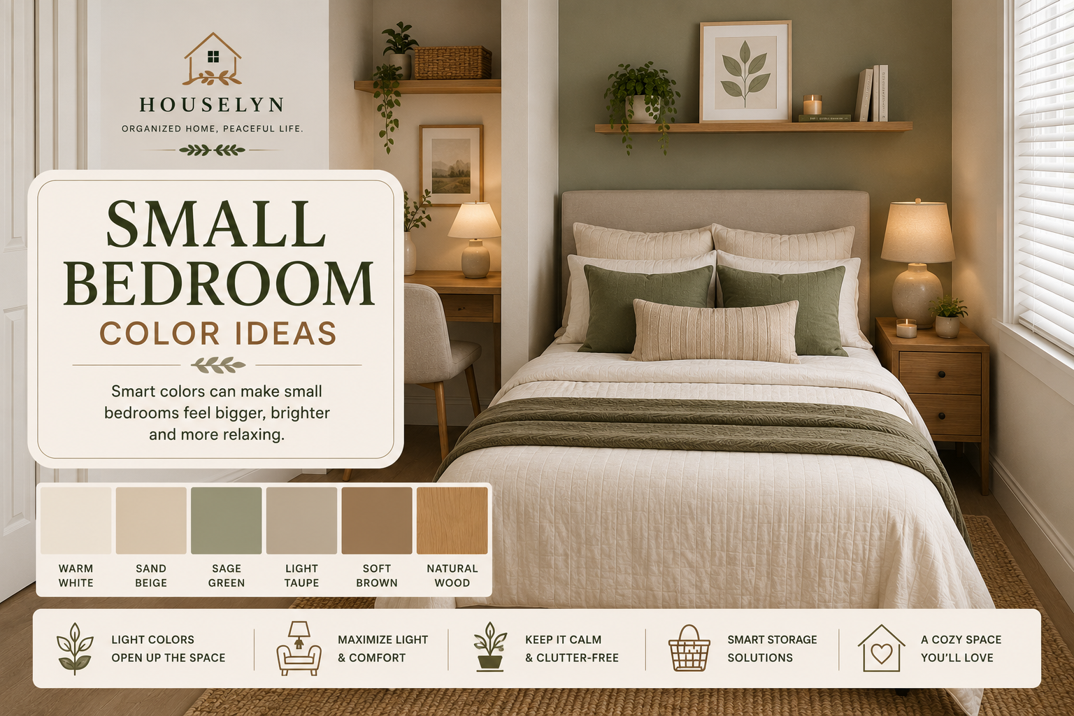Bedroom color ideas for small rooms with light bedding, soft wall colors, and simple decor