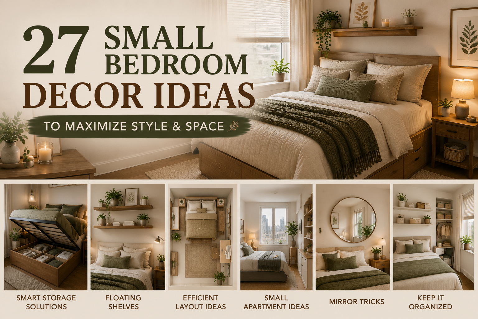 Small bedroom decor ideas with smart storage, warm neutral colors and stylish furniture