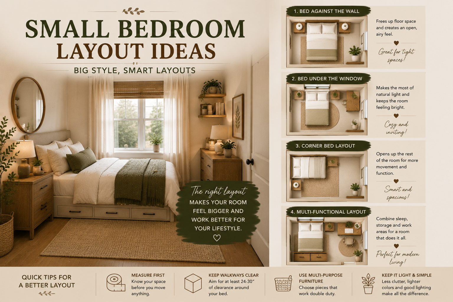 Small bedroom layout with compact furniture and neutral decor