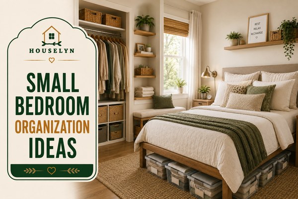 Small bedroom organization ideas featuring under-bed storage, organized closets, vertical shelving, and storage furniture. small-bedroom-organization-ideas-that-save-space.jpg