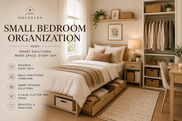 Small bedroom organization with under-bed storage, baskets, and compact furniture