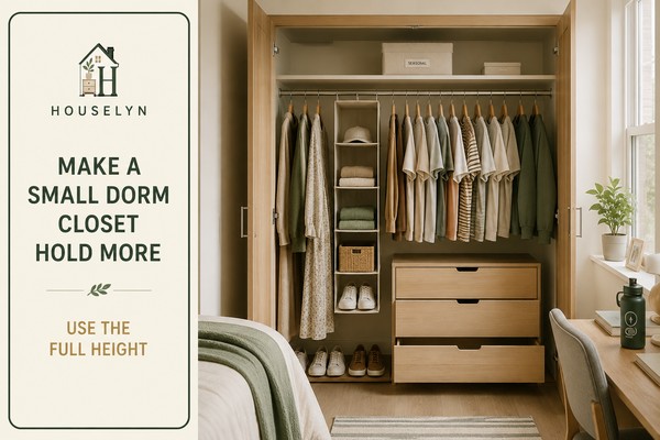Open college dorm wardrobe divided into a high seasonal shelf, long and short hanging zones, folded-clothing drawers and contained shoe storage.