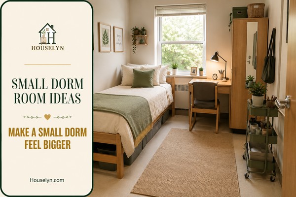 Small dorm room with a clear window sightline, correctly scaled rug, restrained colour palette, compact lighting and visually calm furniture placement.