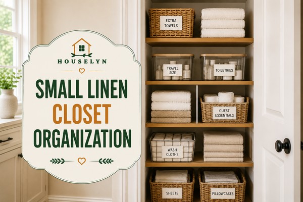 Linen closet organization ideas featuring a small linen closet, organized storage baskets, and folded towels small-linen-closet-organization.jpg