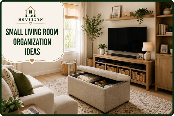 Small living room organization ideas featuring storage ottoman, organized media console, baskets, and clutter-free family room small-living-room-organization-ideas-that-reduce-clutter.jpg