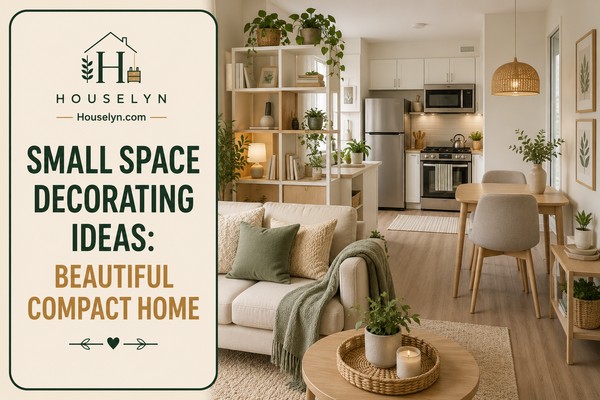 Small space decorating ideas featuring a beautiful compact home with a cosy living area, organised kitchen, natural wood furniture, plants and Houselyn branding. small-space-decorating-ideas-hero.jpg
