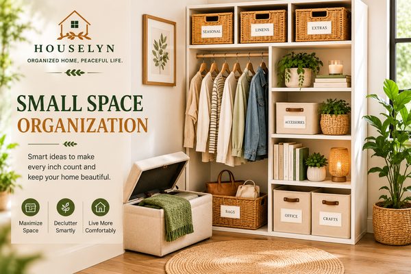 Small space organization ideas using vertical storage, baskets, and compact furniture