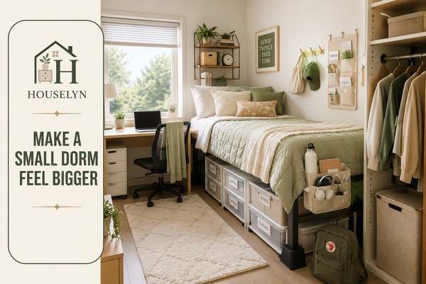 Organised college dorm room with under-bed storage, bedside organiser and space-saving furniture