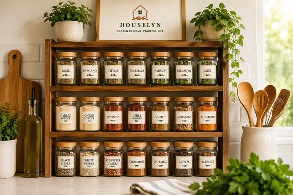 Organized spice rack with labeled spice jars neatly arranged in a modern kitchen. spice-rack-organization.jpg