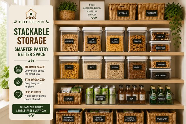 Stackable pantry storage containers maximizing shelf space in an organized pantry. stackable-pantry-storage.jpg