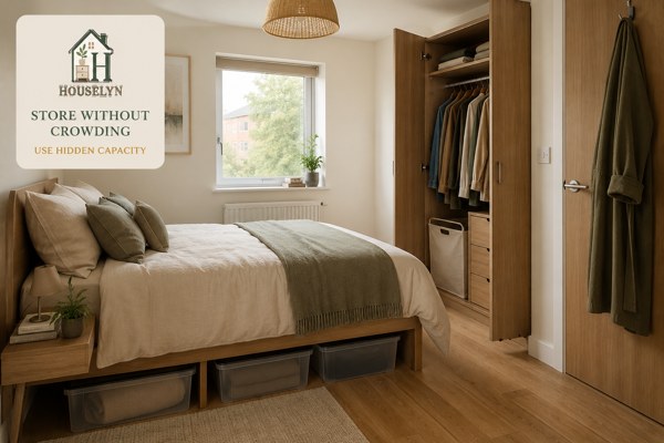 Small apartment bedroom with organized wardrobe, under-bed storage and clear open floor space