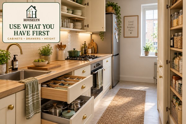 Small apartment kitchen with organized cabinets, drawers and vertical storage while keeping counters and floor space clear