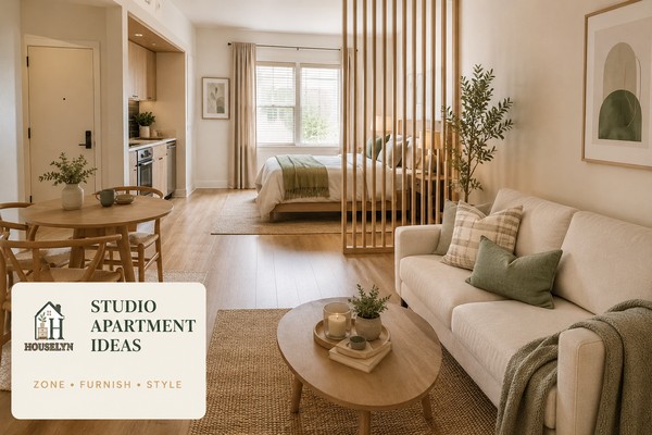 Modern one-room apartment with clearly defined sleeping, living and dining zones, compact furniture and an open walking route.