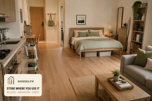 Modern studio apartment with entry storage, properly supported under-bed containers, vertical shelving and compact storage placed near daily routines.