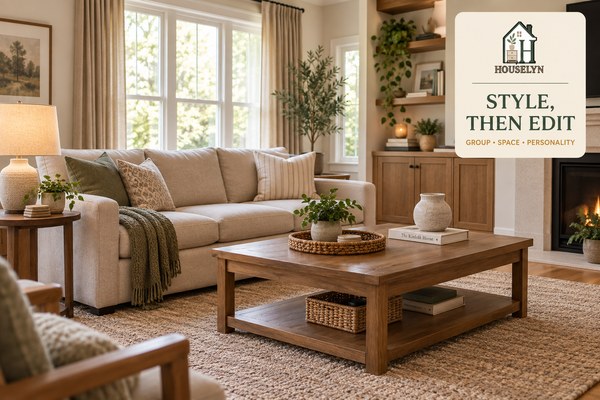 Warm living room with restrained coffee table styling, books, tray, vase, plant and uncluttered usable surfaces